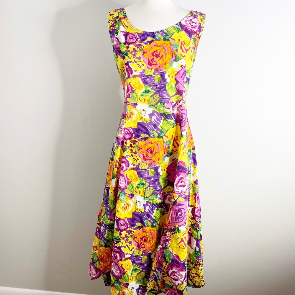 Miss Joy Vintage Floral Midi Dress Sleeveless Open Back Tie Purple Yellow Sz 42